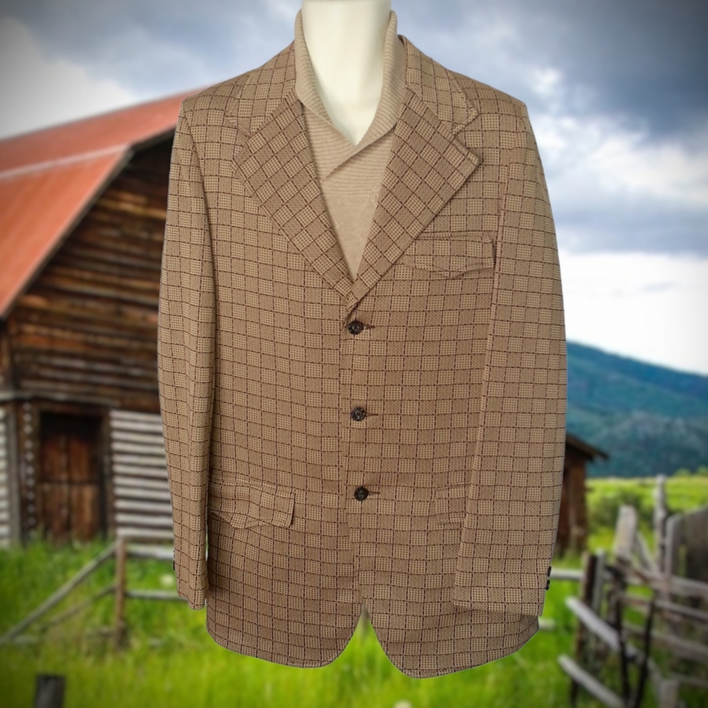 Vintage 1970s ALLEN KNIT PICKERS PIONEER Tan Checkerboard Western Blazer